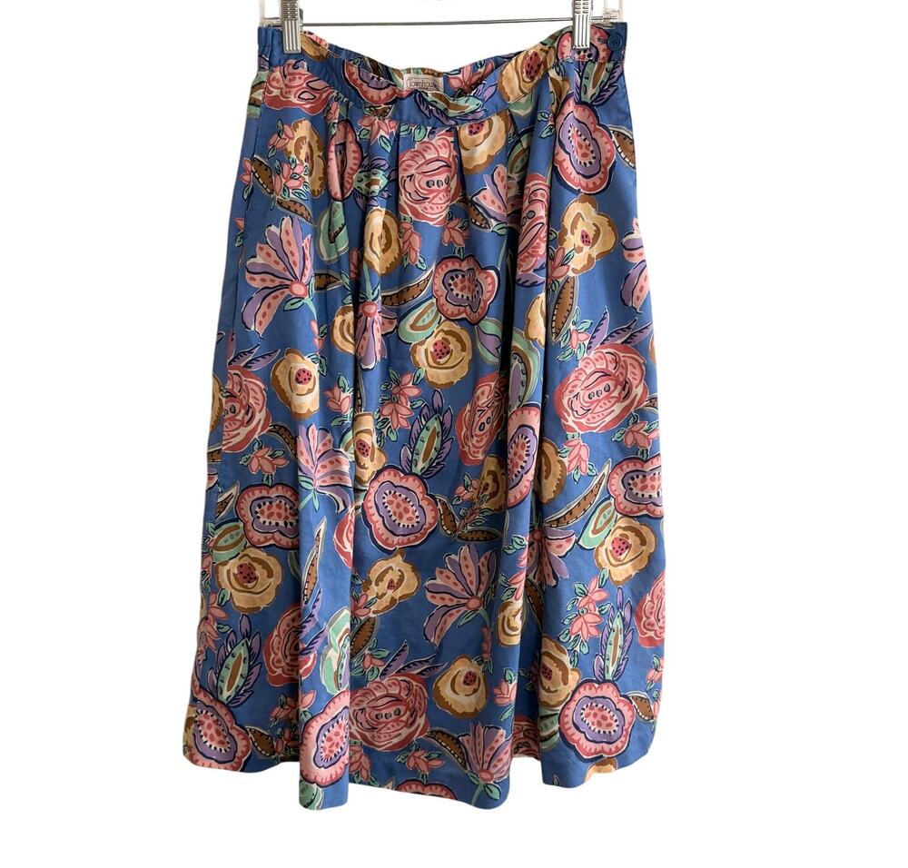 Vintage Townhouse Floral Rayon Midi Skirt Women’s 32" Blue Elastic Waist Japan